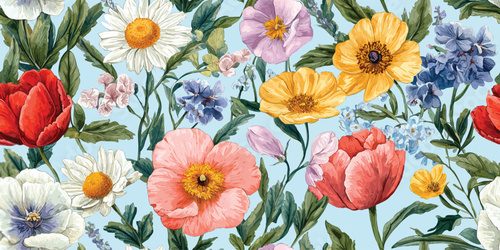 Fototapeta Beautiful flower collection for posters, seamless patterns with tulips daisies poppies, leaves, floral bouquets, flower compositions