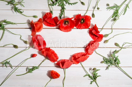 Fototapeta Beautiful red poppies in shape of heart on wooden background