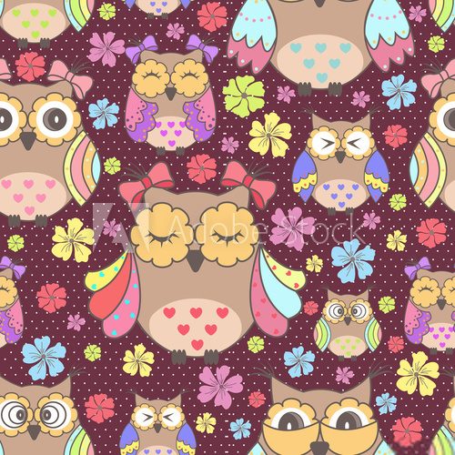 Fototapeta Beautiful seamless wallpaper with owls and flowers on a purple background