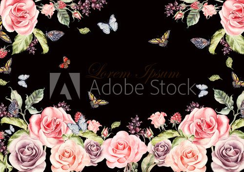 Fototapeta Beautiful watercolor card with roses flowers and berries. Butterflies and plants.