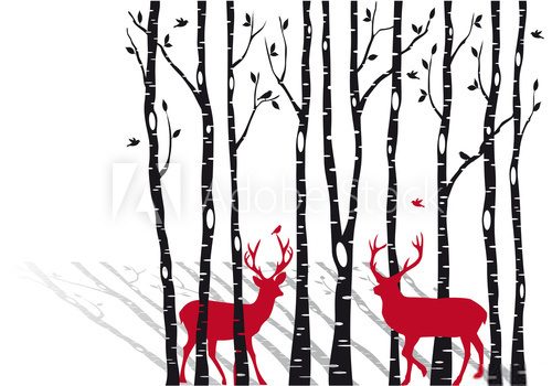 Fototapeta birch trees with christmas deers, vector