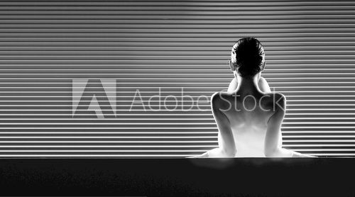 Fototapeta black and white back view artistic nude, on striped background.