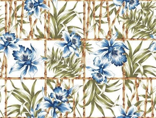 Fototapeta Blue Flowers and Bamboo Fence Seamless Pattern
