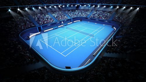 Fototapeta blue tennis court and stadium full of spectators from upper view