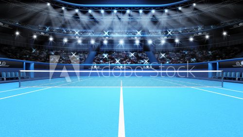 Fototapeta blue tennis court view and stadium full of spectators 