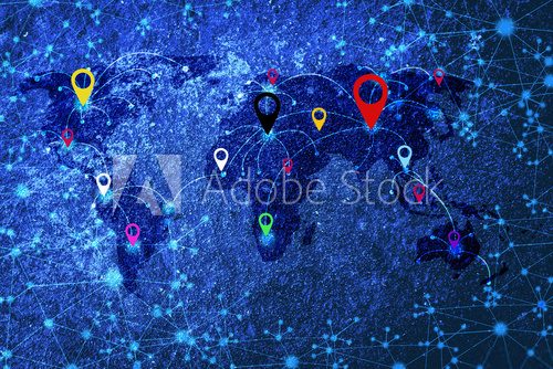 Fototapeta Blue world map with location pins