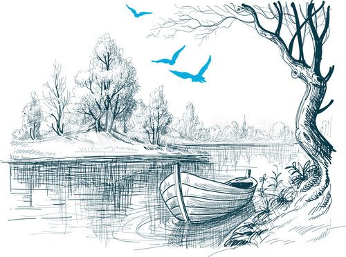 Fototapeta Boat on river / delta vector sketch