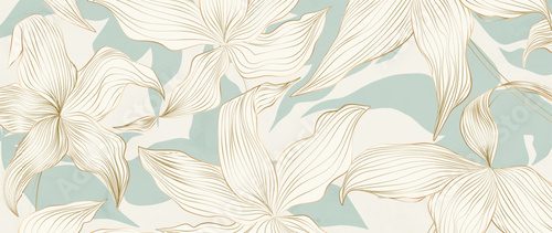 Fototapeta Botanical art background with hand-drawn flowers or leaves in line style. Natural banner for decor, prints, textiles, posters, packaging, and wallpaper.