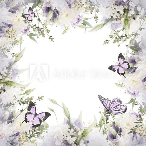 Fototapeta Bridal bouquet from white and pink flowers, butterfly