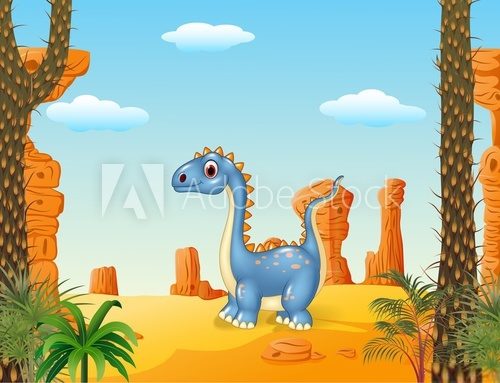 Fototapeta  Cartoon cute dinosaur with prehistoric background