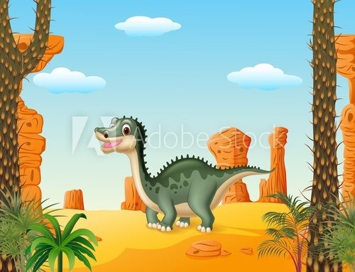 Fototapeta Cartoon cute dinosaur withprehistoric t background