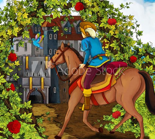 Fototapeta Cartoon fairy tale scene - prince on a horse