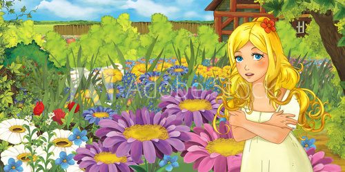 Fototapeta Cartoon farm scene with little elf girl on flowers - image for different fairy tales - illustration for the children