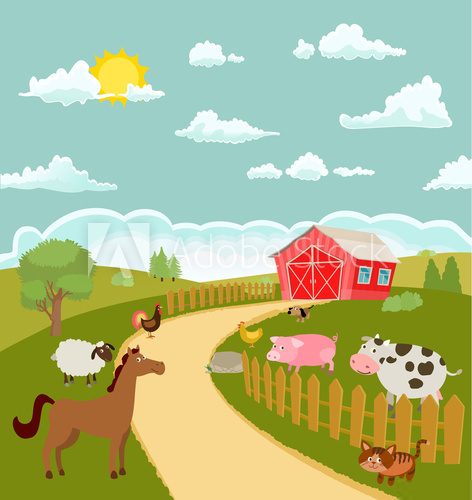 Fototapeta cartoon farm with cute animals. vector illustration