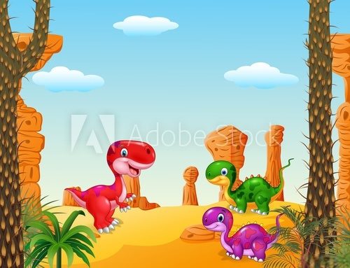 Fototapeta Cartoon happy dinosaur Collection with Prehistoric background