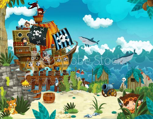 Fototapeta Cartoon illustration - pirates on the wild island - illustration for the children