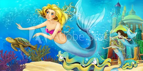 Fototapeta Cartoon ocean and the mermaid - illustration