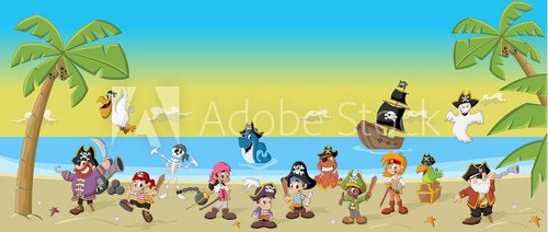 Fototapeta Cartoon pirates with funny animals on a beautiful tropical beach