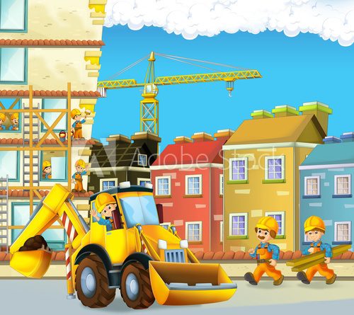 Fototapeta Cartoon scene with construction workers - excavator - illustration for the children
