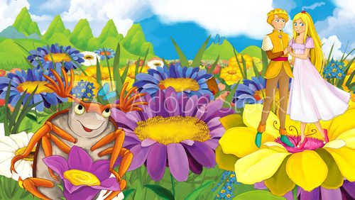 Fototapeta Cartoon scene with prince and princess on flowers - image for different fairy tales - illustration for the children