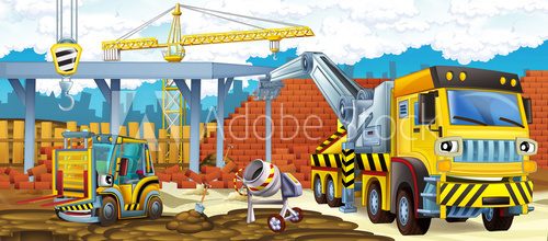 Fototapeta Cartoon truck excavator and forklift - illustration for the children