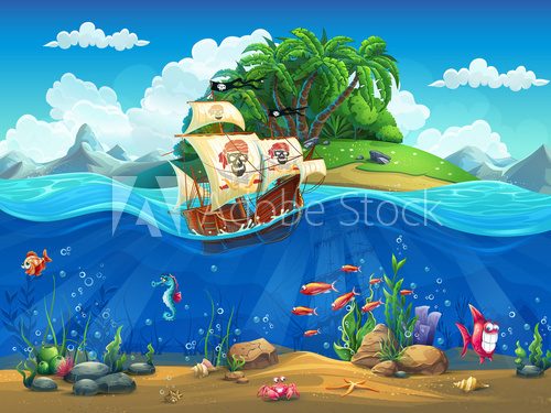 Fototapeta Cartoon underwater world with fish, plants, island and ship