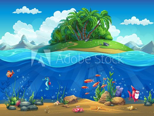 Fototapeta Cartoon underwater world with fish, plants, island