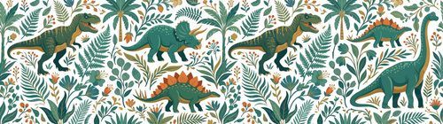 Fototapeta Charming Dinosaur Jungle Pattern with Ferns and Flowers