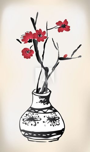 Fototapeta cherry blossom pot ink painting