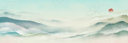 Fototapeta Chinese style classical traditional ink landscape painting. Watercolor landscape painting of gentle mountains