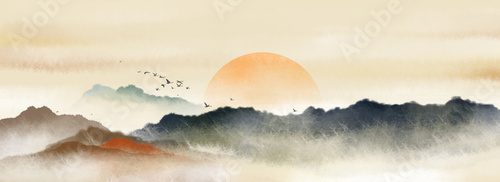 Fototapeta Chinese style Oriental ink painting,Ink landscape painting with warm colors in sunny days， traditional classical ink painting
