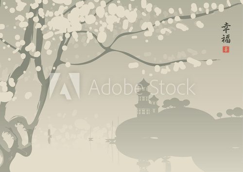 Fototapeta Chinese village on the lake with pagoda and cherry blossoms