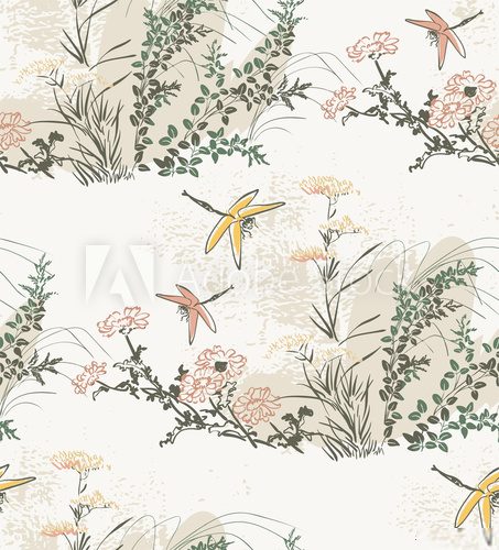 Fototapeta chrysanthemum flowers nature landscape view vector sketch illustration japanese chinese oriental line art ink seamless pattern