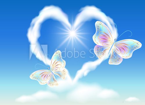 Fototapeta Cloud heart in the sky and butterflies