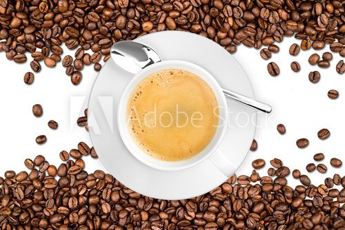 Fototapeta coffee background with beans and cup isolated on white background