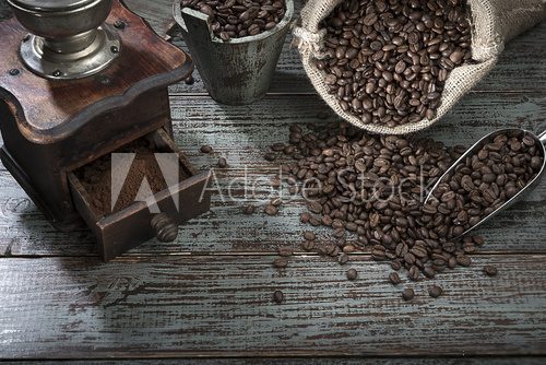 Fototapeta Coffee Beans and Grinder from Above
