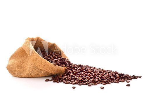 Fototapeta Coffee beans in bag isolated on white