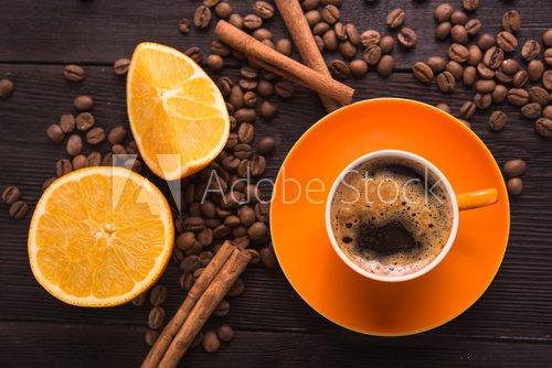 Fototapeta coffee cup with orange fruit