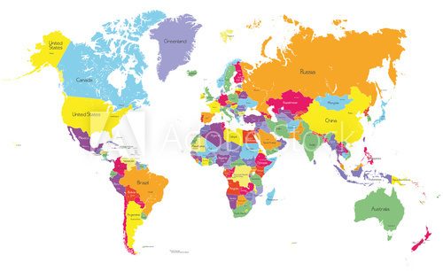 Fototapeta Colored political world map with country names and capital cities