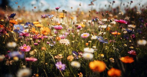 Fototapeta Colorful flower meadow with sunbeams and bokeh lights in summer - nature background banner with copy space - summer greeting card wildflowers spring concept