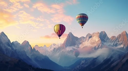 Fototapeta Colorful hot air balloons flying over mountain