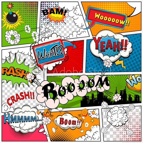 Fototapeta Comic book page divided by lines with speech bubbles, sounds effect. Retro background mock-up. Comics template. 