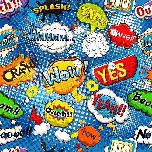 Fototapeta Comic speech bubbles on blue background  seamless pattern illustration