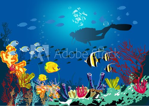 Fototapeta Coral reef with various species of fish and silhouette of diver over blue sea background.