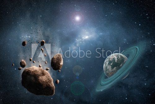 Fototapeta Cosmos scene with asteroid, planet and nebula in space
