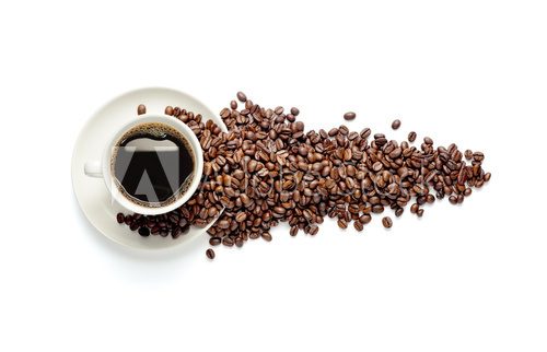 Fototapeta Cup of coffee and coffee beans isolated on white background