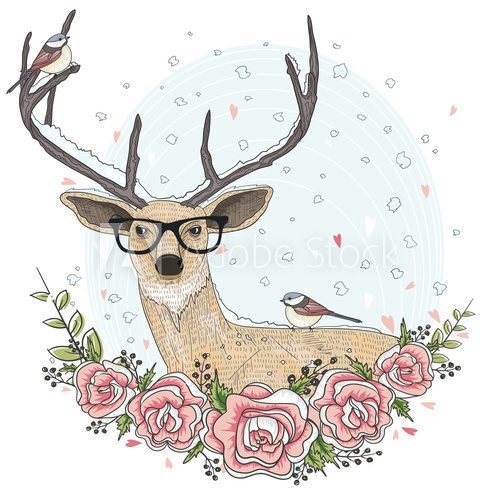 Fototapeta Cute hipster deer with glasses, flowers, and bird.