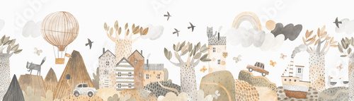 Fototapeta Cute landscape, hills, trail, mountains, lake and ship, clouds and ballon, cars. Watercolor illustration. Children's horizontal wallpaper. Landscape border. Seamless pattern.