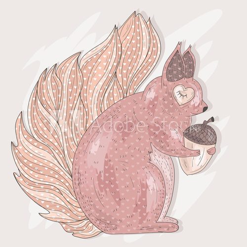 Fototapeta Cute pink squirrel holding acorn. Illustration for kids or child