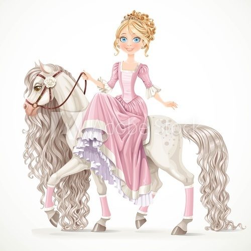 Fototapeta Cute princess on a white horse with a long mane isolated on a wh